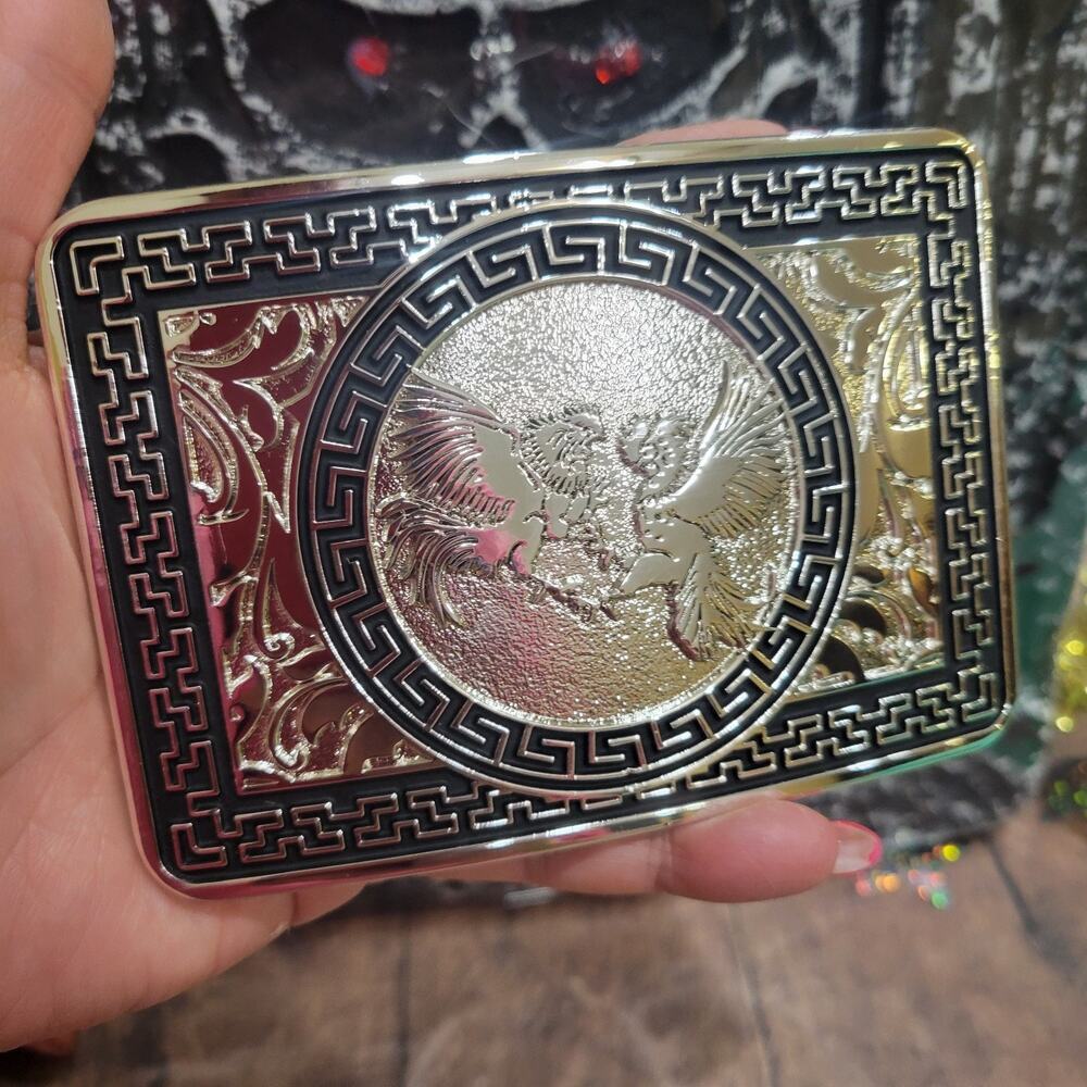 Fighting Roosters Belt Buckle Western Rodeo Silvertone Rectangle Buckle